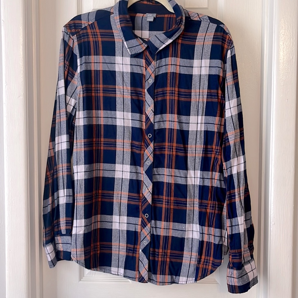 Aerie American Eagle blue orange white plaid snap front flannel shirt size large